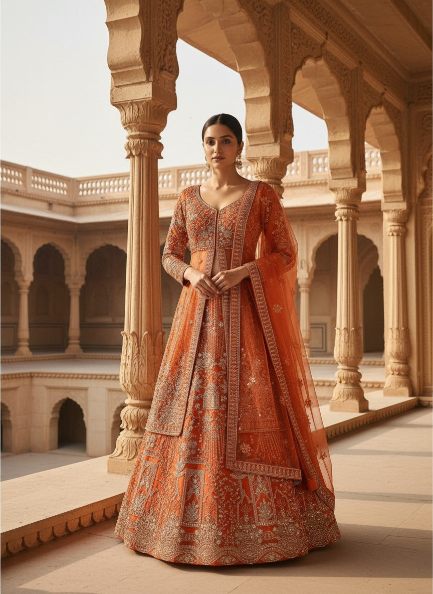 Women’s Orange Embroidered Bridal Lehenga Choli with Dupatta | Designer Wedding & Reception Wear Ethnic Lehenga Set