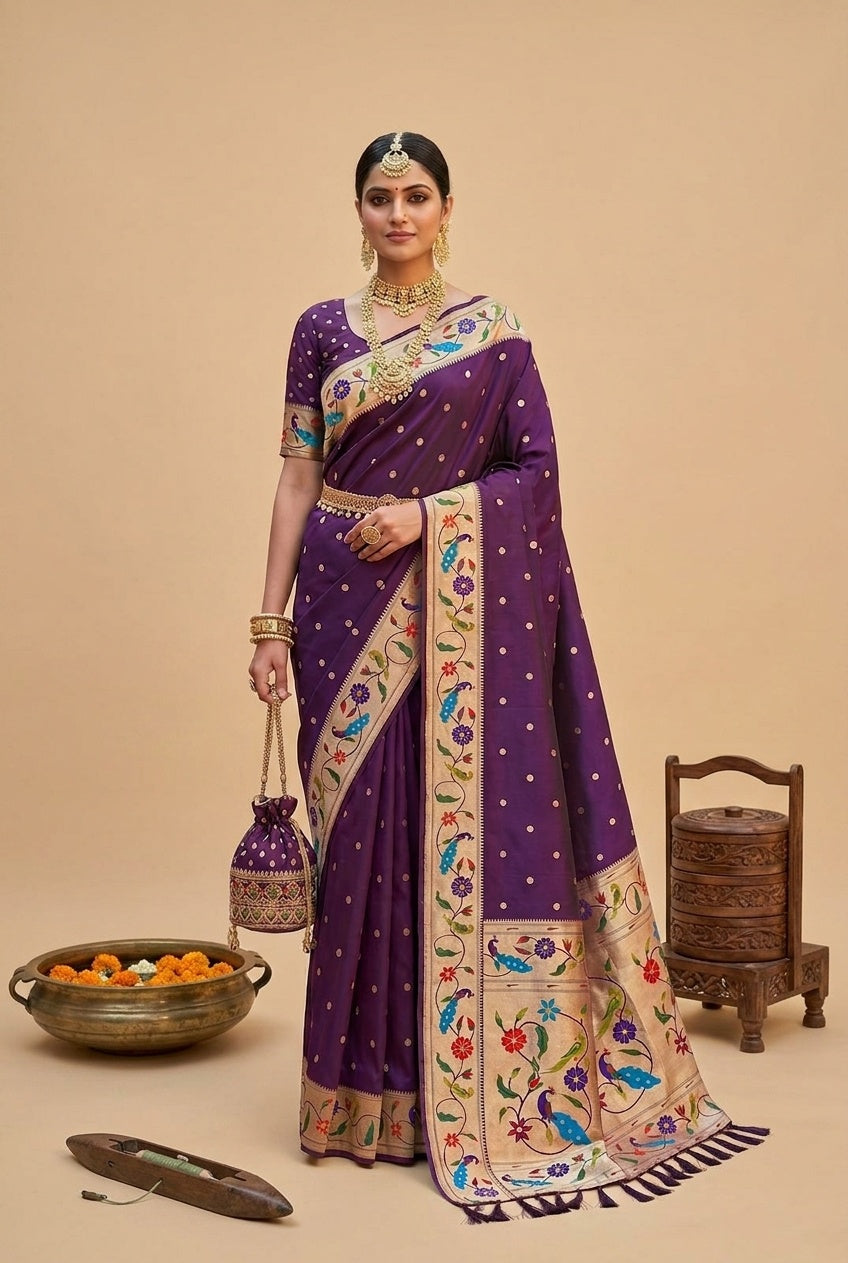 OWLSKY, SASSY & STYLO Women's Paithani Silk Saree with Zari Motif Design| Meenakari Rich Pallu with Tessels Attched | Peacock Floral Border | Traditional Festive Saree with Silk Blouse Piece
