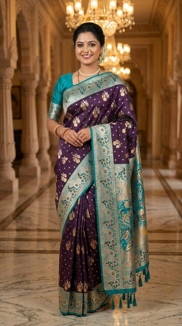 Premium Soft Paithani Silk Saree for Women with Meenakari Zari Weaving, Peacock Pallu, Rich Floral Border & Brocade Blouse