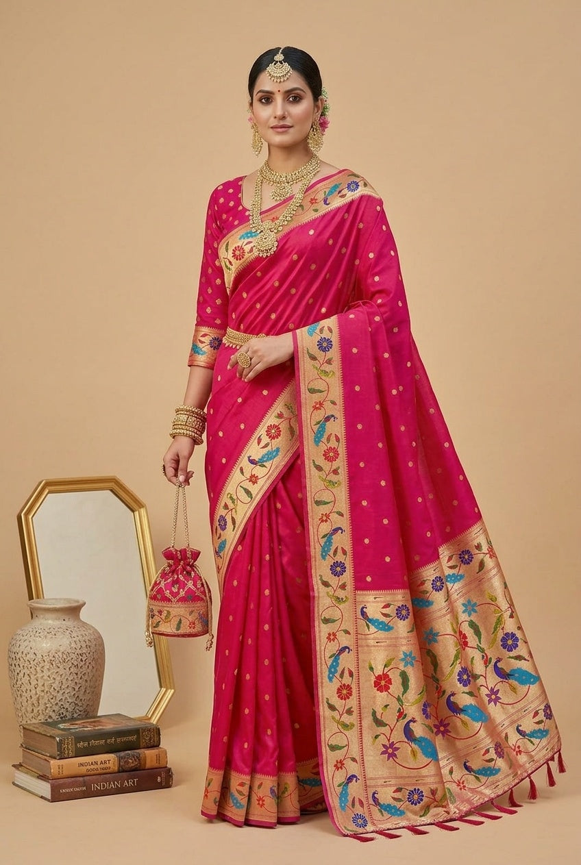 OWLSKY, SASSY & STYLO Women's Paithani Silk Saree with Zari Motif Design| Meenakari Rich Pallu with Tessels Attched | Peacock Floral Border | Traditional Festive Saree with Silk Blouse Piece