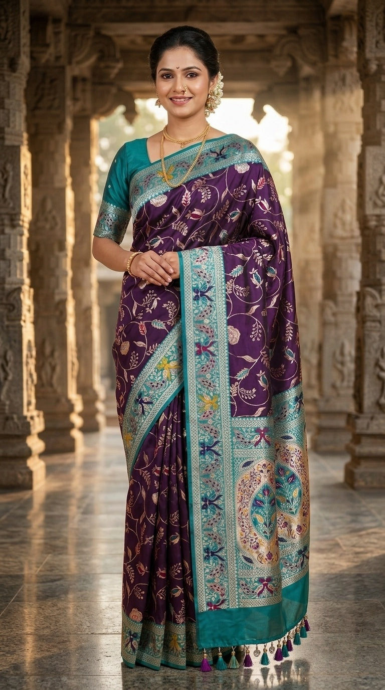 PREMIUM Soft Paithani Silk Saree for Women with Meenakari Zari Weaving, Rich Peacock Pallu, Floral Border & Tassels with Brocade Blouse