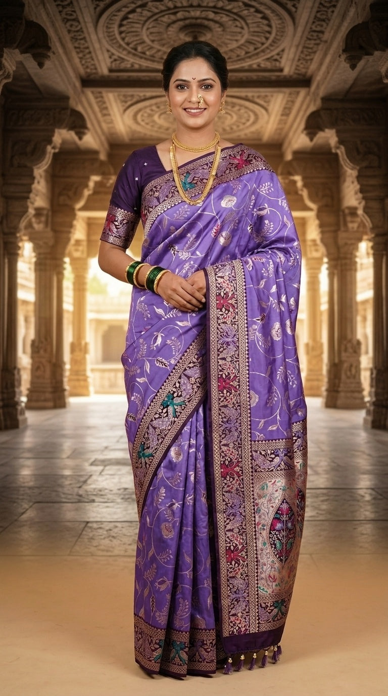PREMIUM Soft Paithani Silk Saree for Women with Meenakari Zari Weaving, Rich Peacock Pallu, Floral Border & Tassels with Brocade Blouse