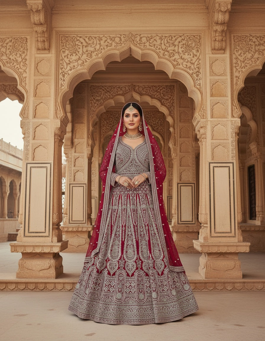 Women’s Georgette Embroidered Siroski Long Gown with Dupatta | Designer Wedding & Bridal Party Wear Ethnic Gown