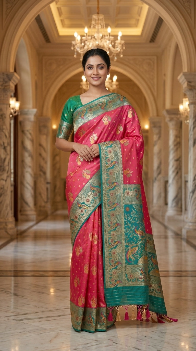 Premium Soft Paithani Silk Saree for Women with Meenakari Zari Weaving, Peacock Pallu, Rich Floral Border & Brocade Blouse