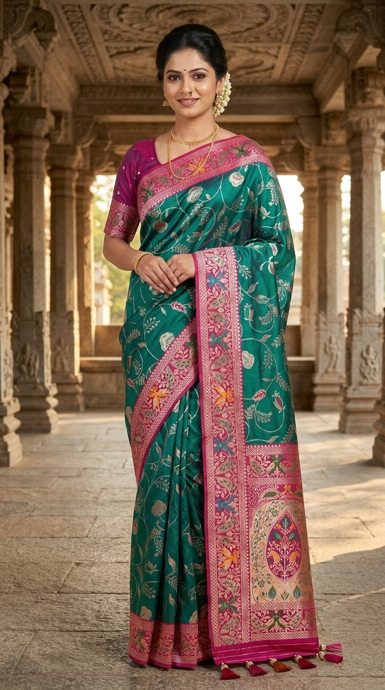 PREMIUM Soft Paithani Silk Saree for Women with Meenakari Zari Weaving, Rich Peacock Pallu, Floral Border & Tassels with Brocade Blouse