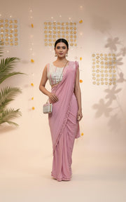 Women’s Imported Georgette Ready to Wear Saree | One Minute Saree With stitched Blouse Piece | Ruffle Border | Ready to Wear Drape | Wedding & Festive Saree for Women