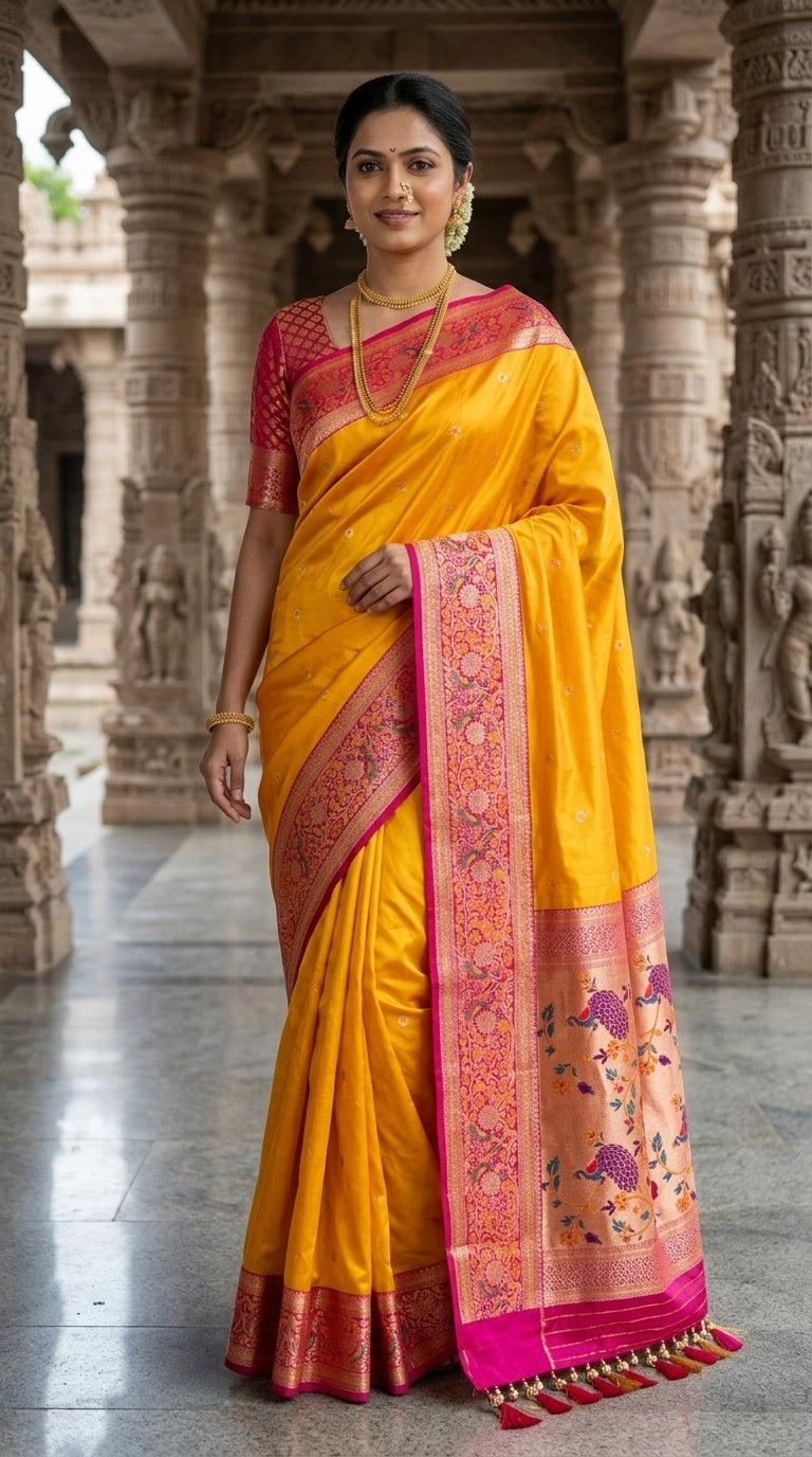 Premium Soft Paithani Silk Saree for Women with Meenakari Zari Weaving, Rich Peacock Pallu, Floral Border & Silk Brocade Blouse
