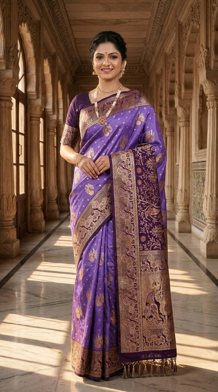 Premium Soft Paithani Silk Saree for Women with Meenakari Zari Weaving, Peacock Pallu, Rich Floral Border & Brocade Blouse