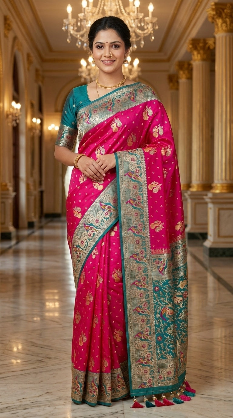 Premium Soft Paithani Silk Saree for Women with Meenakari Zari Weaving, Peacock Pallu, Rich Floral Border & Brocade Blouse