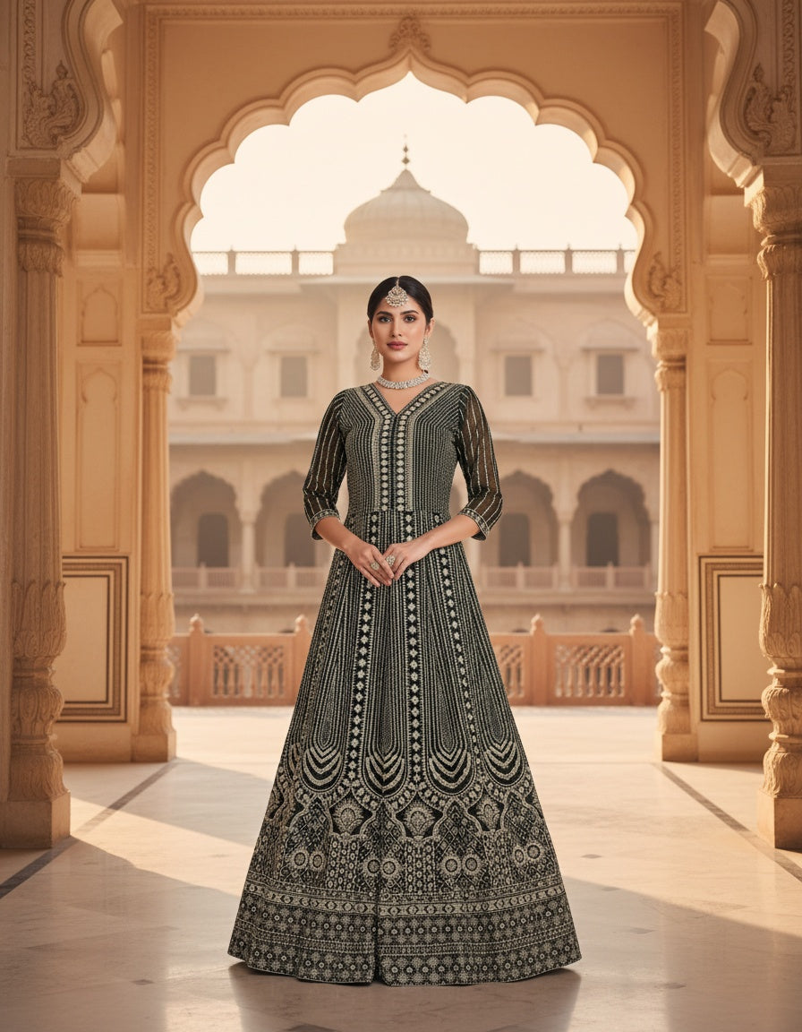 Women’s Black Embroidered Anarkali Gown | Designer Ethnic Floor-Length Dress for Wedding & Festive Wear