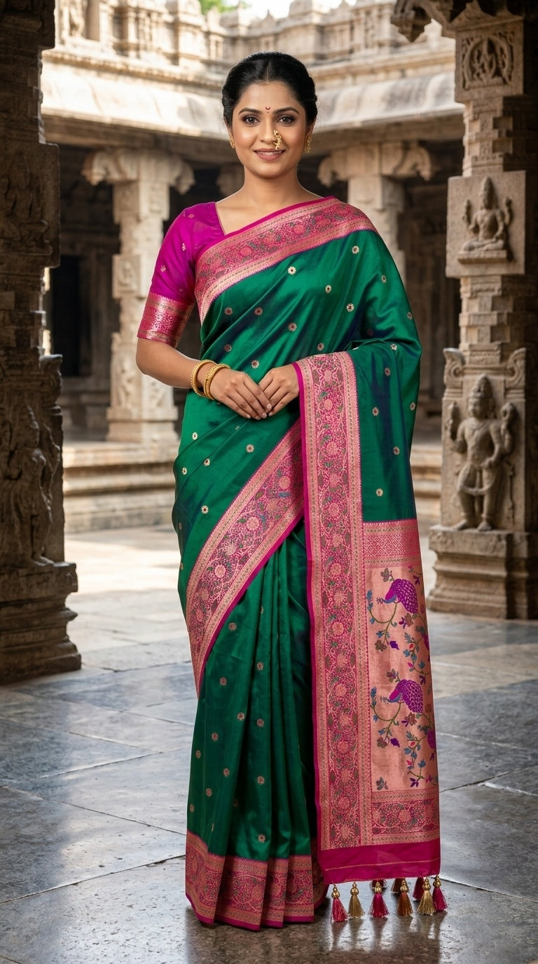 Premium Soft Paithani Silk Saree for Women with Meenakari Zari Weaving, Rich Peacock Pallu, Floral Border & Silk Brocade Blouse