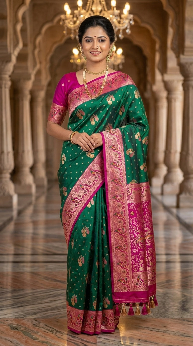 Premium Soft Paithani Silk Saree for Women with Meenakari Zari Weaving, Peacock Pallu, Rich Floral Border & Brocade Blouse