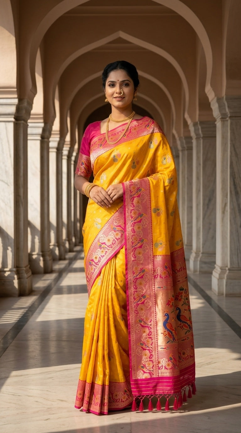 Premium Soft Paithani Silk Saree for Women with Meenakari Zari Weaving, Peacock Pallu, Rich Floral Border & Brocade Blouse