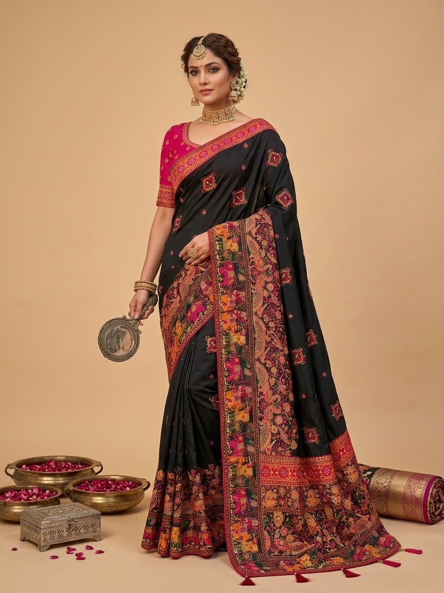 OWLSKY, SASSY & STYLO Women's Pure Rajwadi Pashmina Silk Woven Saree with Kashmiri Thread Woven Pallu | Heavy Zari Elephant Border, Running Butti, Handmade Tassels | Contrast Unstitched Blouse