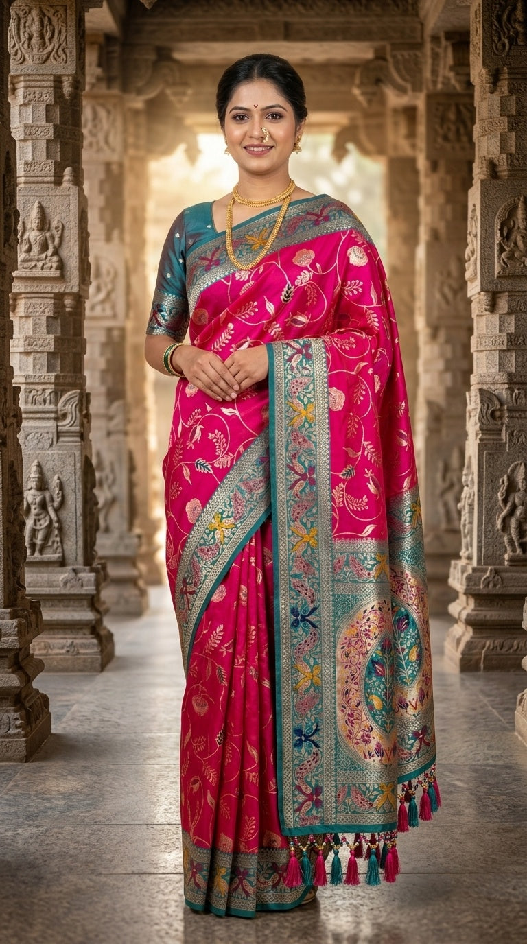 PREMIUM Soft Paithani Silk Saree for Women with Meenakari Zari Weaving, Rich Peacock Pallu, Floral Border & Tassels with Brocade Blouse