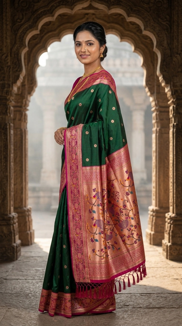 Premium Soft Paithani Silk Saree for Women with Meenakari Zari Weaving, Rich Peacock Pallu, Floral Border & Silk Brocade Blouse