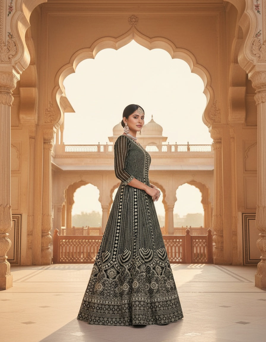 Women’s Black Embroidered Anarkali Gown | Designer Ethnic Floor-Length Dress for Wedding & Festive Wear
