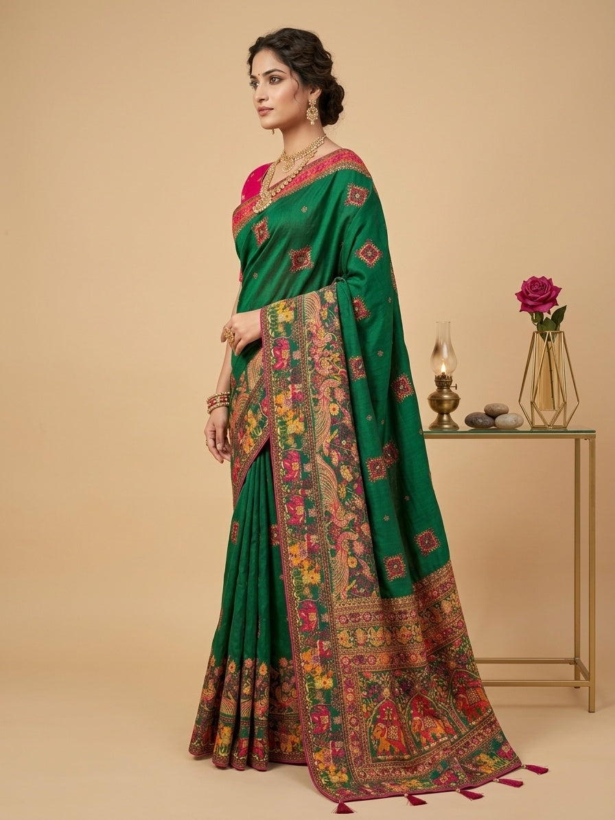 OWLSKY, SASSY & STYLO Women's Pure Rajwadi Pashmina Silk Woven Saree with Kashmiri Thread Woven Pallu | Heavy Zari Elephant Border, Running Butti, Handmade Tassels | Contrast Unstitched Blouse