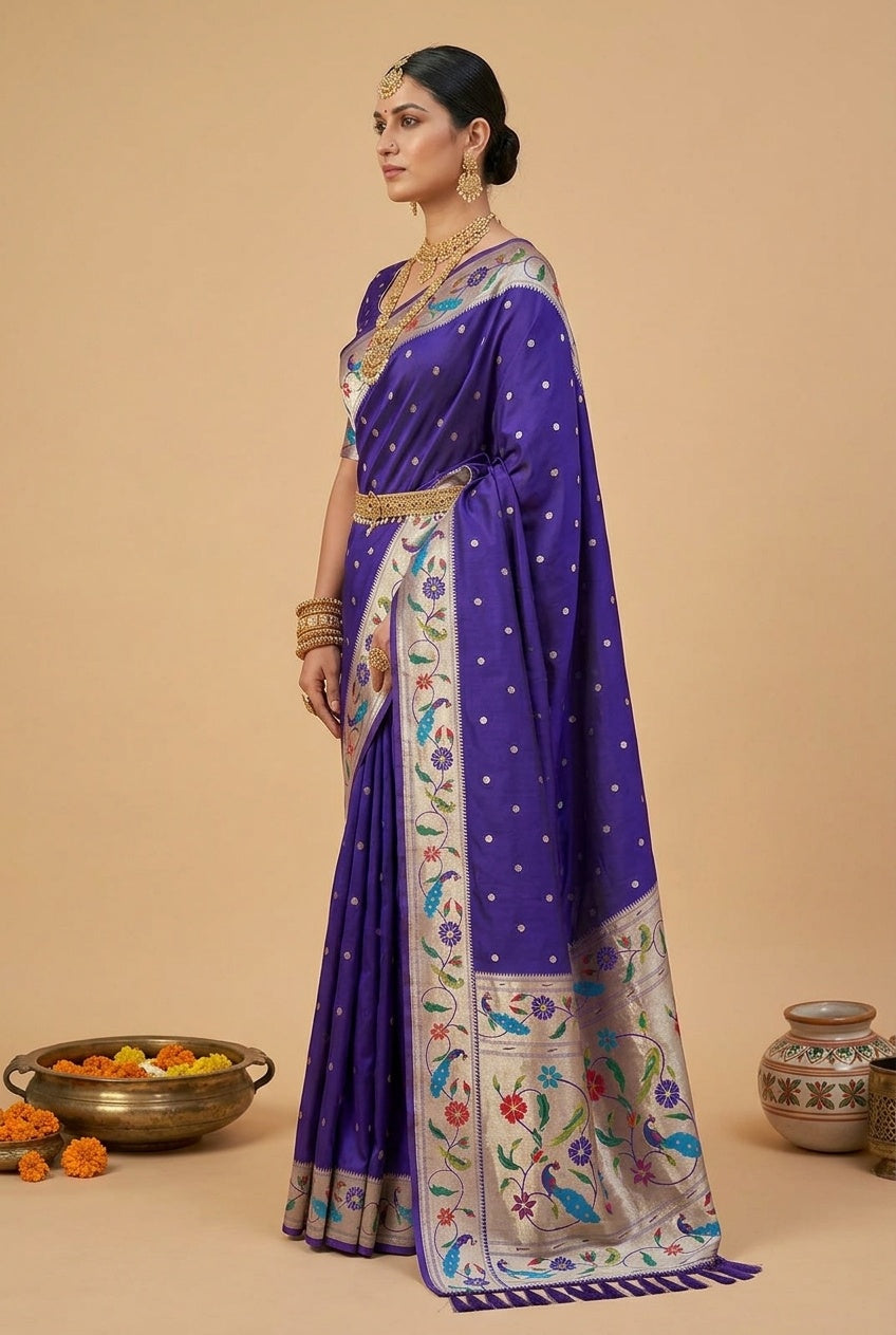 OWLSKY, SASSY & STYLO Women's Paithani Silk Saree with Zari Motif Design| Meenakari Rich Pallu with Tessels Attched | Peacock Floral Border | Traditional Festive Saree with Silk Blouse Piece