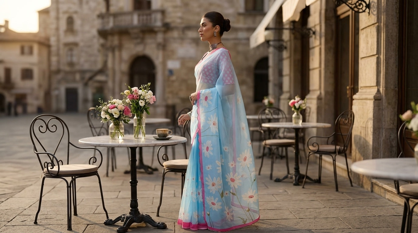 OWLSKY, SASSY & STYLO Women's Premium Soft Organza Floral Printed Saree with Scallop Border | Lightweight Organza Saree with Unstitched Blouse Piece