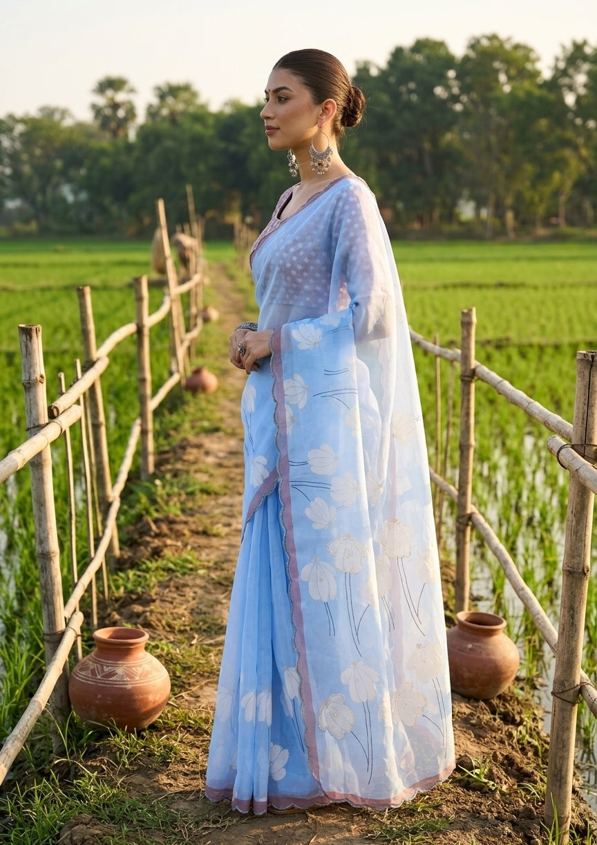 OWLSKY, SASSY & STYLO Women's Premium Soft Organza Floral Printed Saree with Scallop Border | Lightweight Organza Saree with Unstitched Blouse Piece