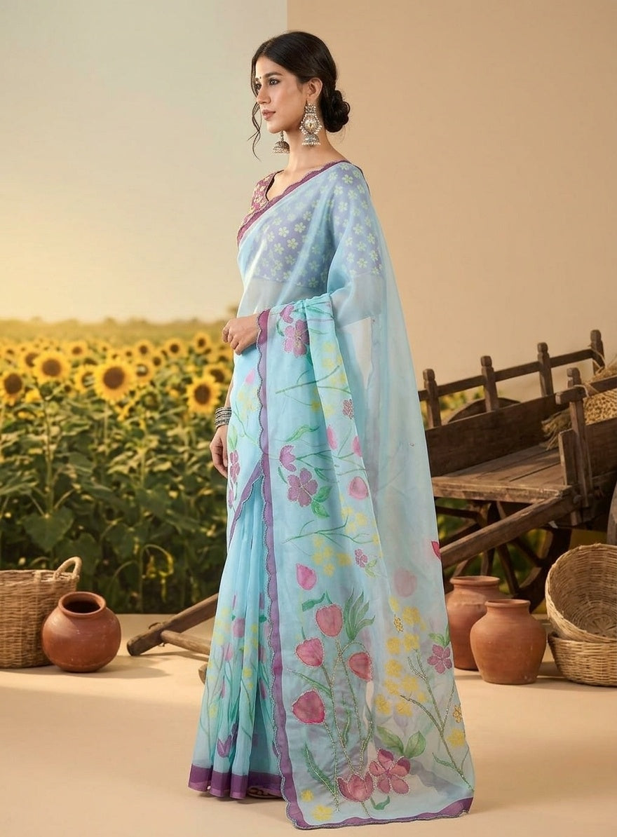 OWLSKY, SASSY & STYLO Women's Premium Soft Organza Floral Printed Saree with Scallop Border | Lightweight Organza Saree with Unstitched Blouse Piece