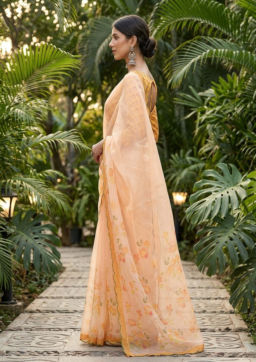OWLSKY, SASSY & STYLO Women's Premium Soft Organza Floral Printed Saree with Scallop Border | Lightweight Organza Saree with Unstitched Blouse Piece