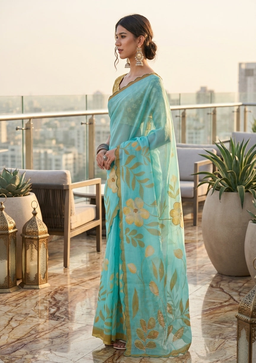 OWLSKY, SASSY & STYLO Women's Premium Soft Organza Floral Printed Saree with Scallop Border | Lightweight Organza Saree with Unstitched Blouse Piece