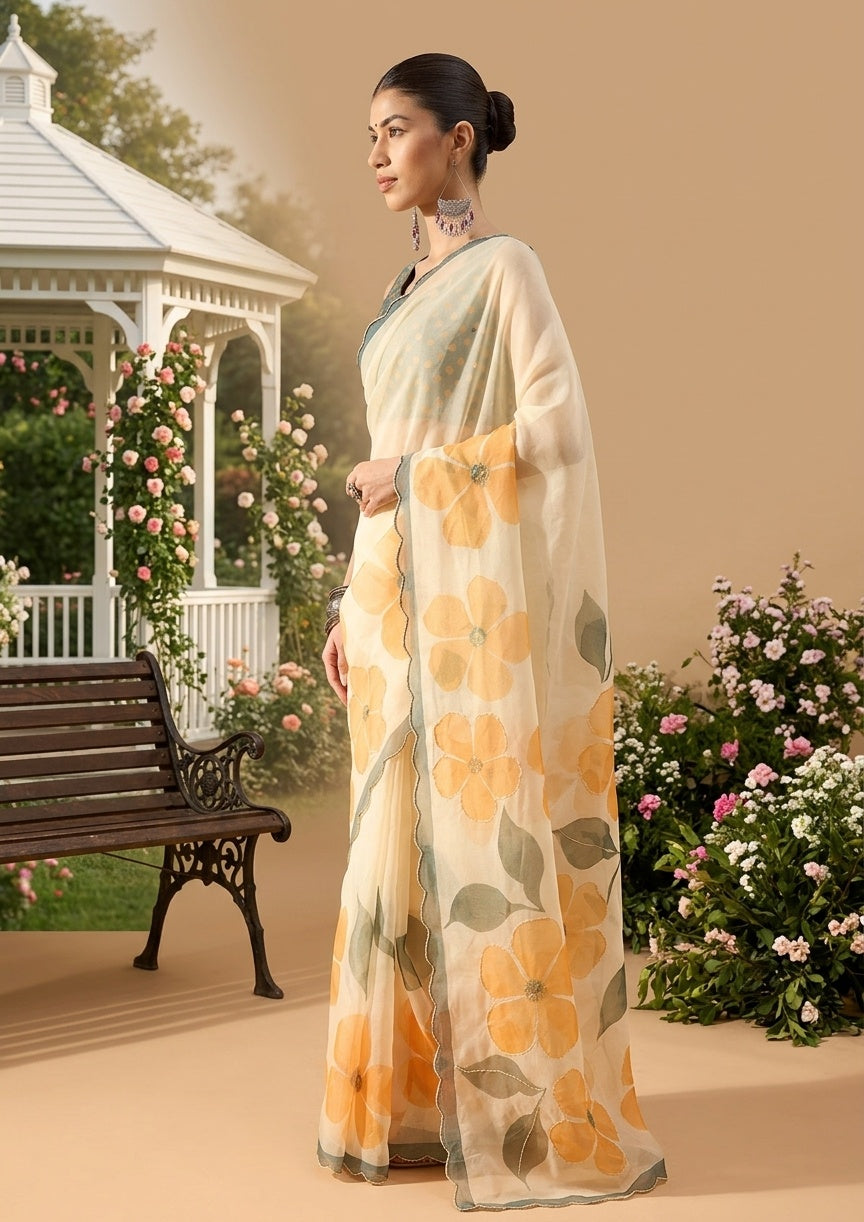 OWLSKY, SASSY & STYLO Women's Premium Soft Organza Floral Printed Saree with Scallop Border | Lightweight Organza Saree with Unstitched Blouse Piece