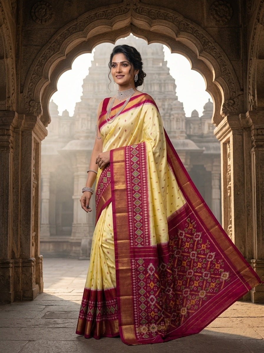 OWLSKY, SASSY & STYLO Women's Ikkat Pochampally Style Soft Dola Bentex Silk Saree with Rich Bentex Woven Border & Digital Print | Traditional Ethnic Saree with Running Blouse Piece