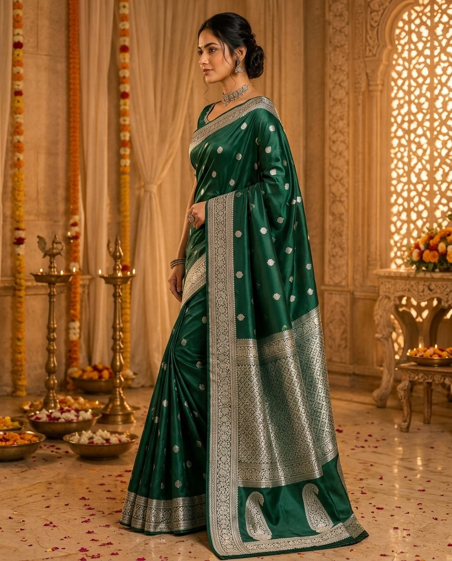 OWLSKY, SASSY & STYLO Women's Handloom Pure Banarasi Silk Saree with Jacquard Woven Floral/Paisley Butti with Rich Contrast Zari Border & Grand Rich Designer Woven Pallu