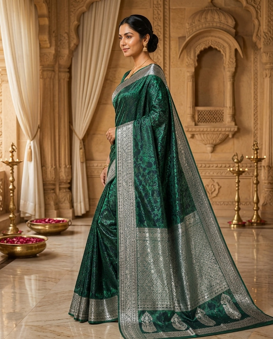 OWLSKY, SASSY & STYLO Women's Handloom Pure Banarasi Silk Saree with Jacquard Woven Floral/Paisley Butti with Rich Contrast Zari Border & Grand Rich Designer Woven Pallu