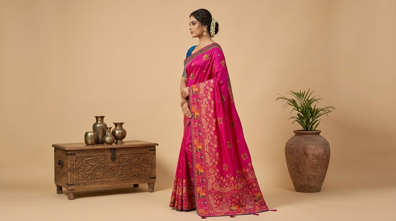 OWLSKY, SASSY & STYLO Women's Pure Rajwadi Pashmina Silk Woven Saree with Kashmiri Thread Woven Pallu | Heavy Zari Elephant Border, Running Butti, Handmade Tassels | Contrast Unstitched Blouse