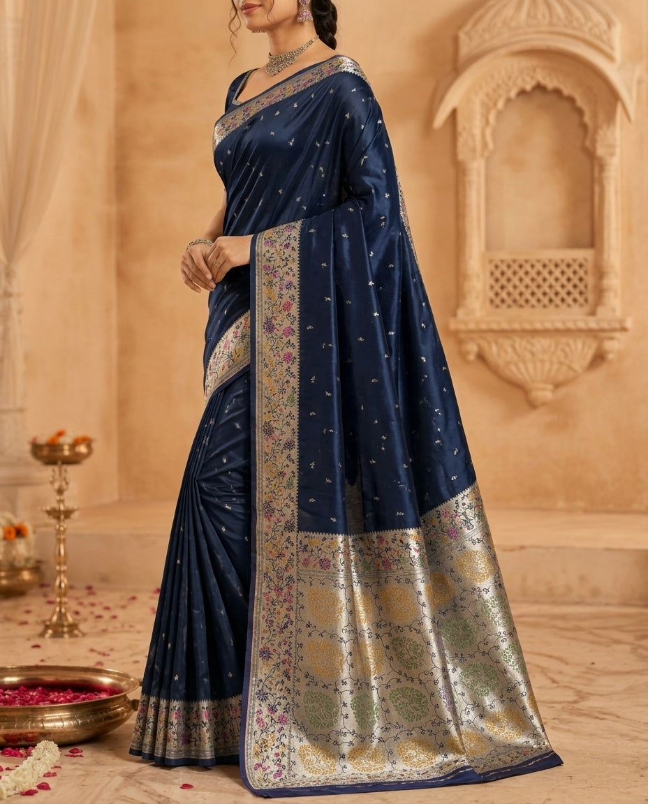 OWLSKY, SASSY & STYLO Women's Handloom Pure Banarasi Silk Saree with Jacquard Woven Floral/Paisley Butti with Rich Contrast Zari Border & Grand Rich Designer Woven Pallu