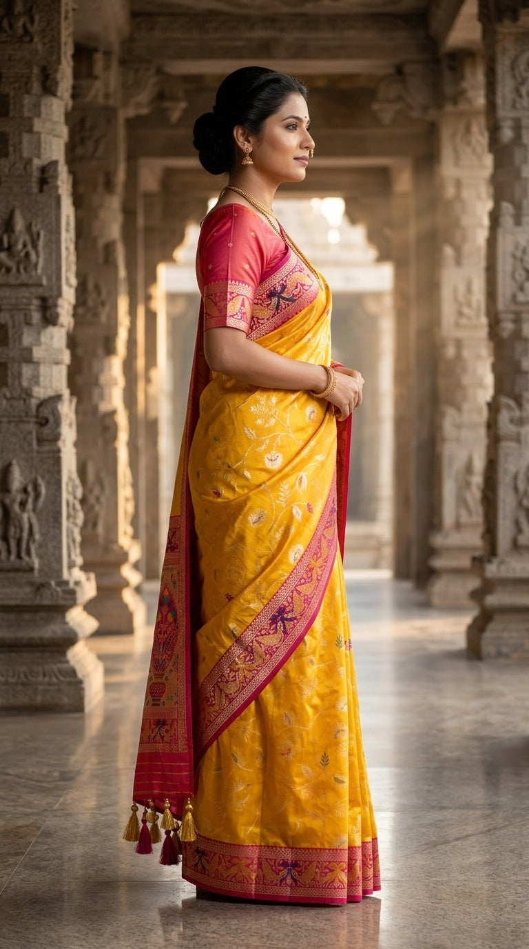 PREMIUM Soft Paithani Silk Saree for Women with Meenakari Zari Weaving, Rich Peacock Pallu, Floral Border & Tassels with Brocade Blouse