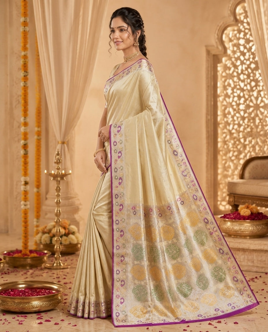 OWLSKY, SASSY & STYLO Women's Handloom Pure Banarasi Silk Saree with Jacquard Woven Floral/Paisley Butti with Rich Contrast Zari Border & Grand Rich Designer Woven Pallu