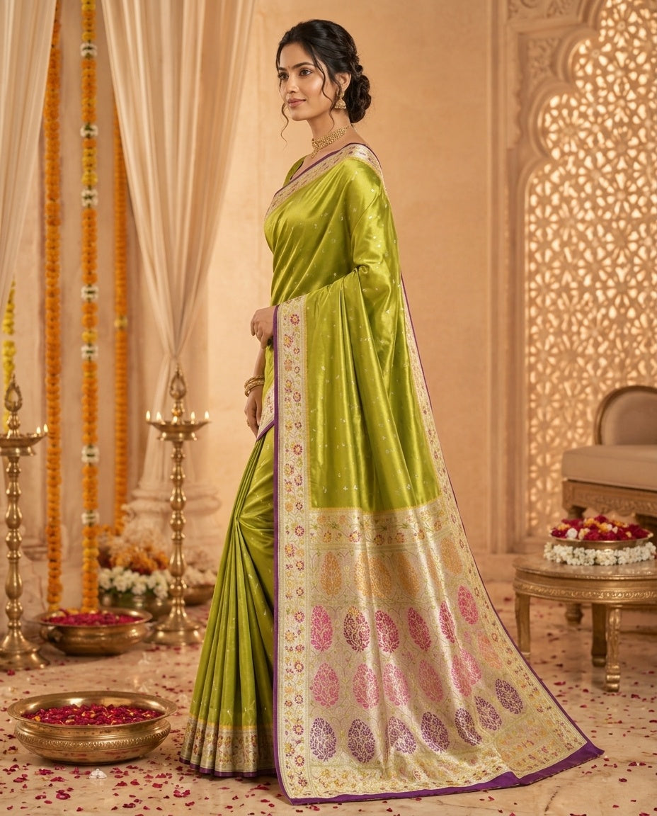 OWLSKY, SASSY & STYLO Women's Handloom Pure Banarasi Silk Saree with Jacquard Woven Floral/Paisley Butti with Rich Contrast Zari Border & Grand Rich Designer Woven Pallu