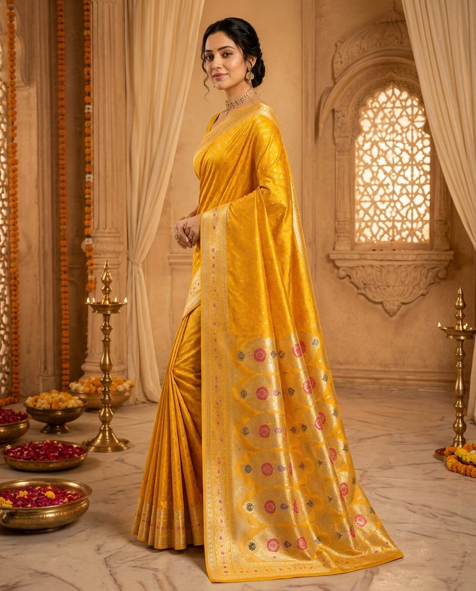 OWLSKY, SASSY & STYLO Women's Handloom Pure Banarasi Silk Saree with Jacquard Woven Floral/Paisley Butti with Rich Contrast Zari Border & Grand Rich Designer Woven Pallu