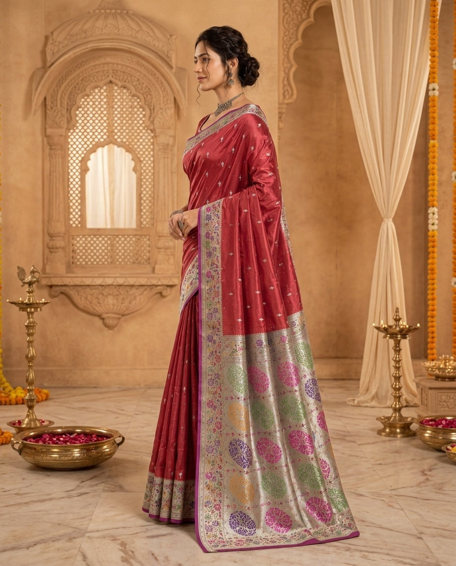 OWLSKY, SASSY & STYLO Women's Handloom Pure Banarasi Silk Saree with Jacquard Woven Floral/Paisley Butti with Rich Contrast Zari Border & Grand Rich Designer Woven Pallu