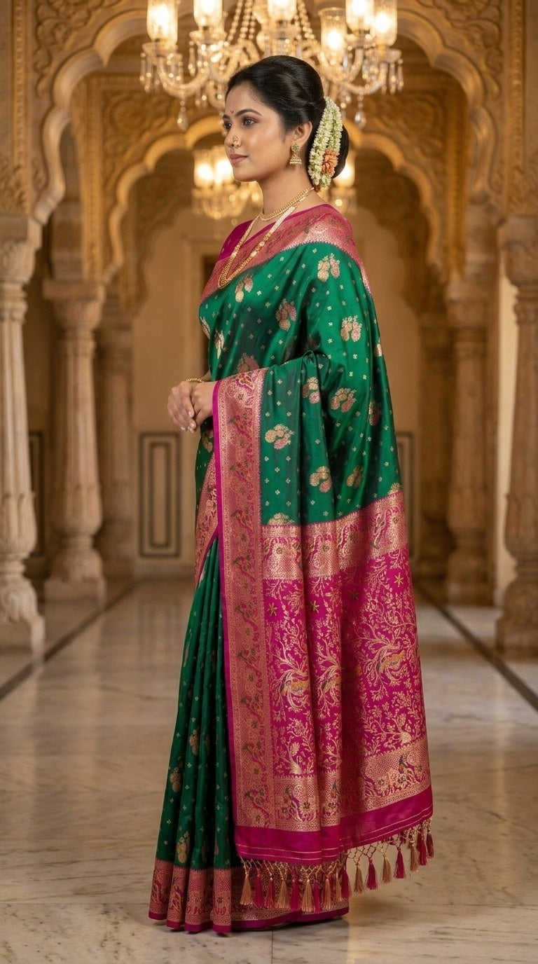 Premium Soft Paithani Silk Saree for Women with Meenakari Zari Weaving, Peacock Pallu, Rich Floral Border & Brocade Blouse