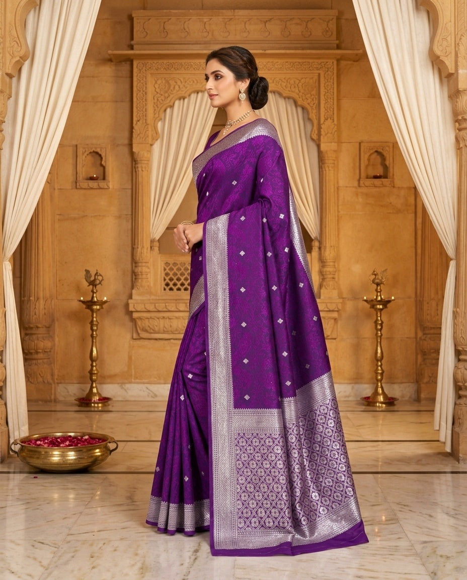 OWLSKY, SASSY & STYLO Women's Handloom Pure Banarasi Silk Saree with Jacquard Woven Floral/Paisley Butti with Rich Contrast Zari Border & Grand Rich Designer Woven Pallu