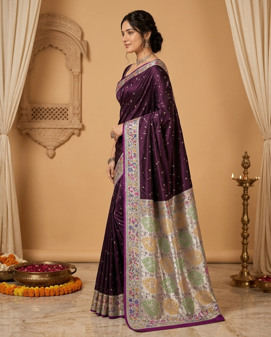 OWLSKY, SASSY & STYLO Women's Handloom Pure Banarasi Silk Saree with Jacquard Woven Floral/Paisley Butti with Rich Contrast Zari Border & Grand Rich Designer Woven Pallu