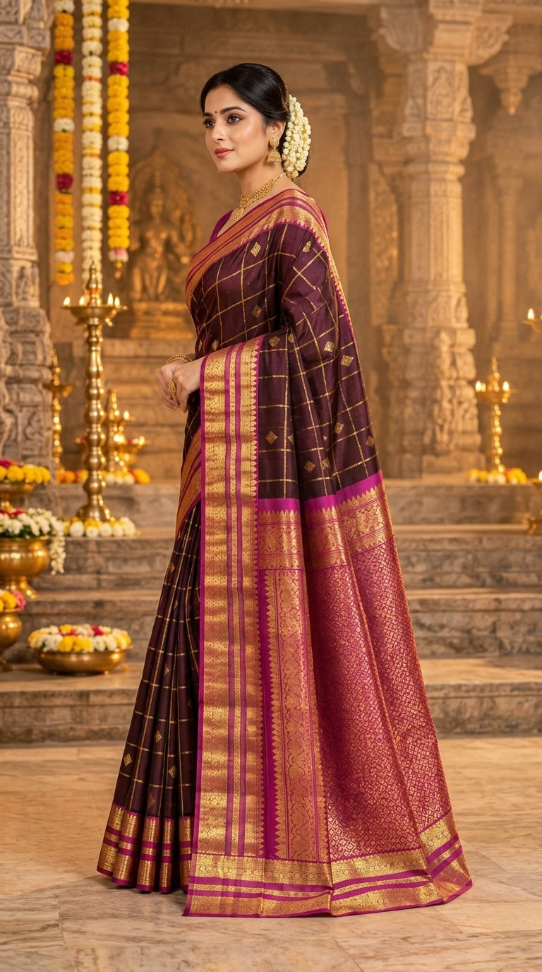 Owlsky Pure Handloom Kajiveram Traditional Silk Saree