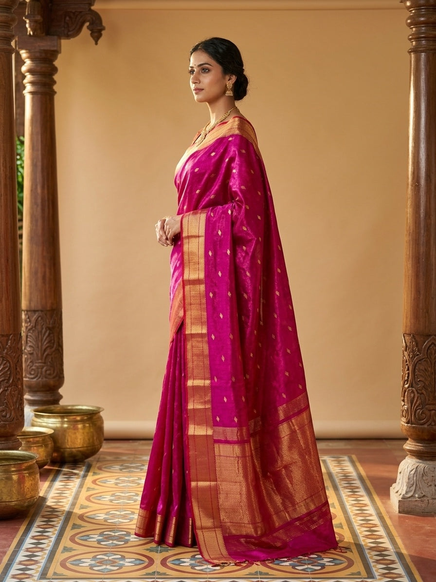 OWLSKY, SASSY & STYLO Women's Handloom Maheshwari Silk Saree with Traditional Zari Border | Premium Woven Silk Saree with Rich Pallu & Running Blouse | Designer Ethnic Saree for Wedding, Festival