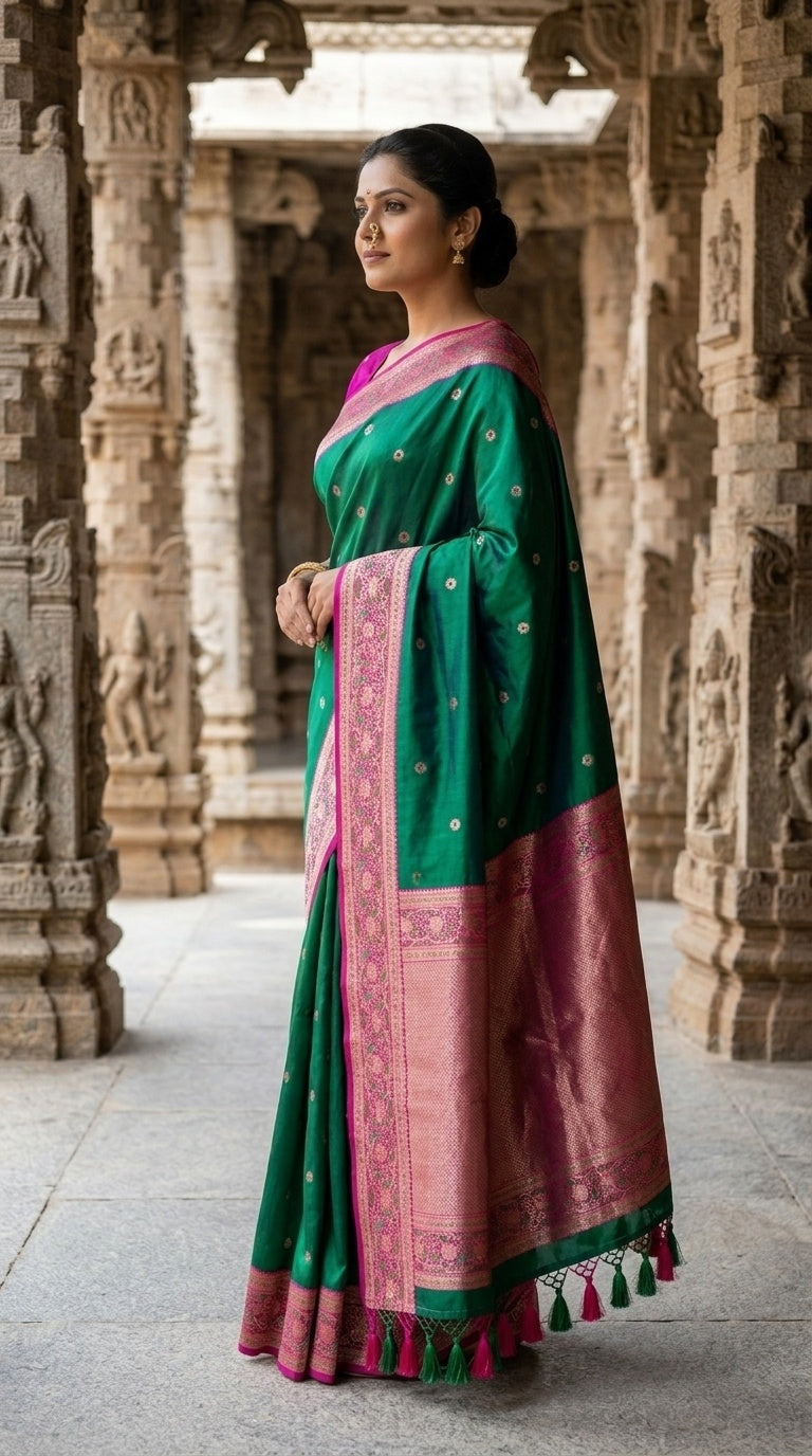 Premium Soft Paithani Silk Saree for Women with Meenakari Zari Weaving, Rich Peacock Pallu, Floral Border & Silk Brocade Blouse