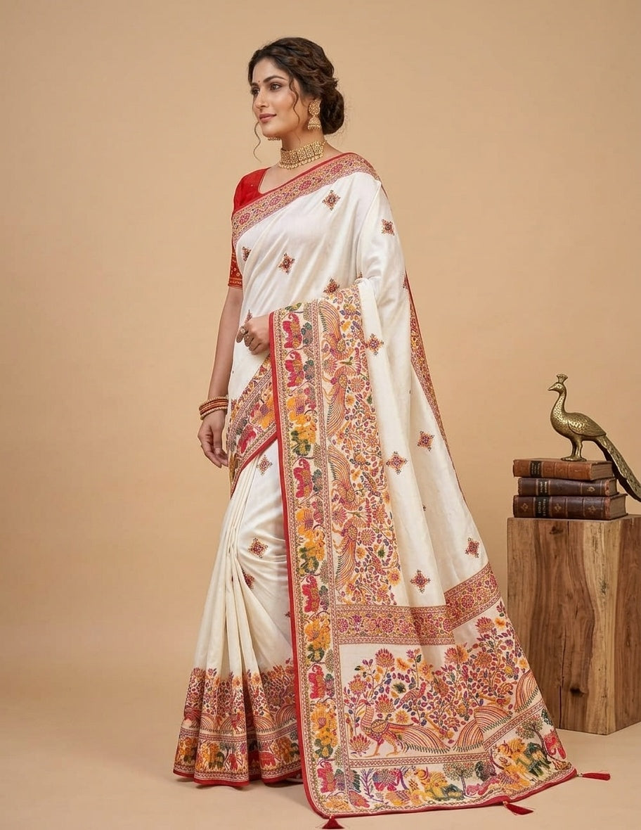 OWLSKY, SASSY & STYLO Women's Pure Rajwadi Pashmina Silk Woven Saree with Kashmiri Thread Woven Pallu | Heavy Zari Elephant Border, Running Butti, Handmade Tassels | Contrast Unstitched Blouse