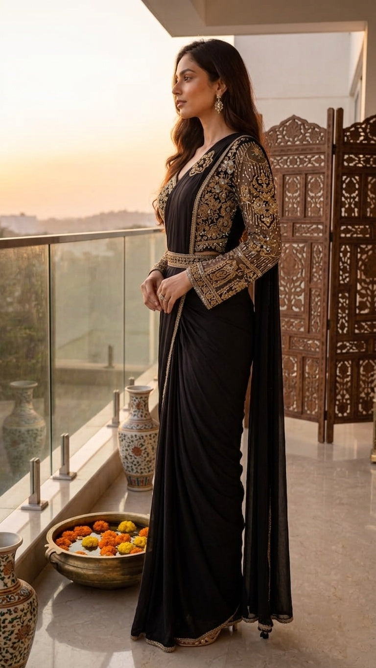 OWLSKY, SASSY & STYLO Women's Ready to Wear Imported Lycra Saree with Heavy Beads Work Designer Stitched Blouse | Pre Draped Saree | Stretch Lycra Saree