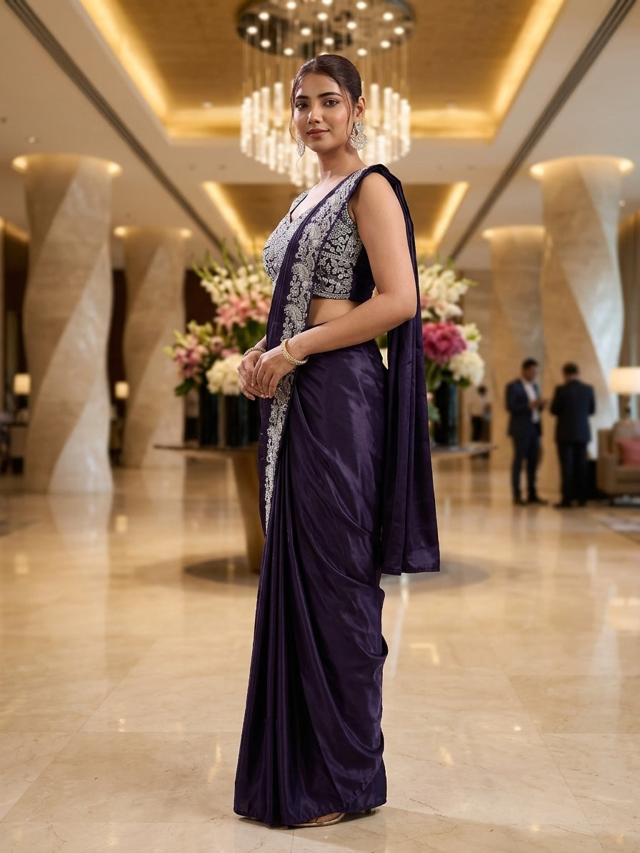 Dark Purple with Silver Embroidery
