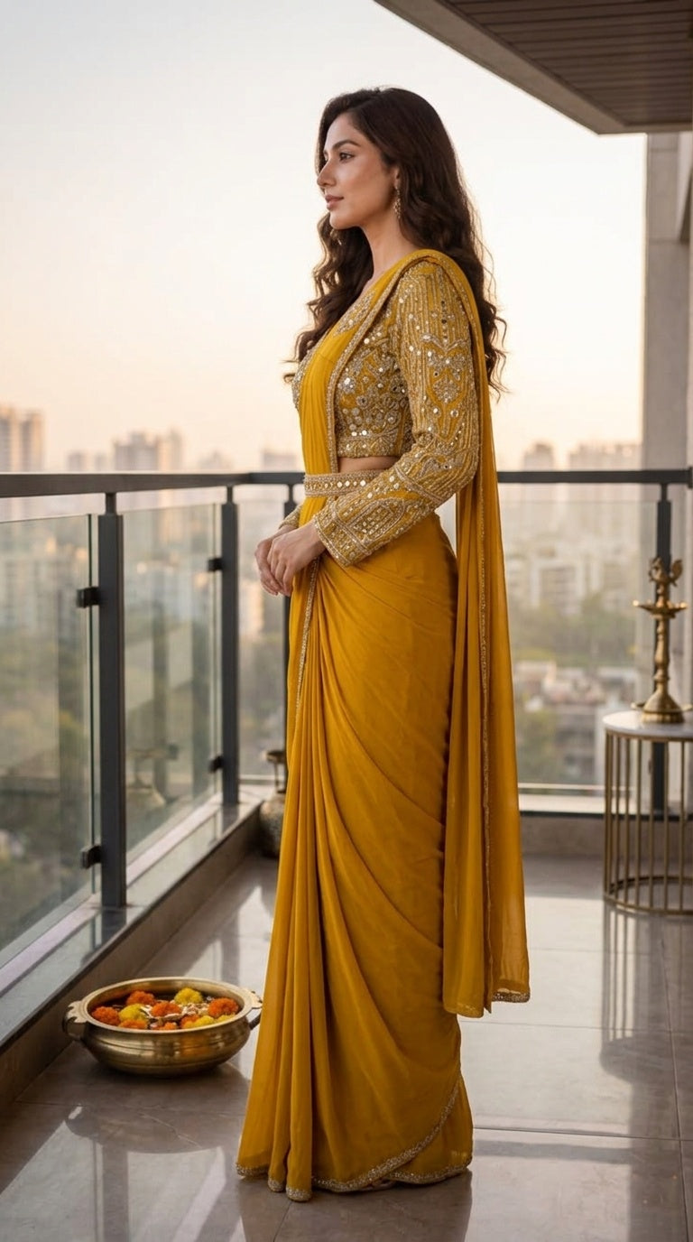OWLSKY, SASSY & STYLO Women's Ready to Wear Imported Lycra Saree with Heavy Beads Work Designer Stitched Blouse | Pre Draped Saree | Stretch Lycra Saree