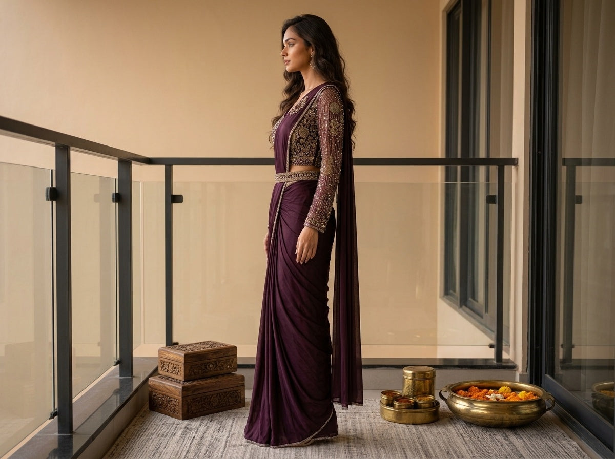OWLSKY, SASSY & STYLO Women's Ready to Wear Imported Lycra Saree with Heavy Beads Work Designer Stitched Blouse | Pre Draped Saree | Stretch Lycra Saree
